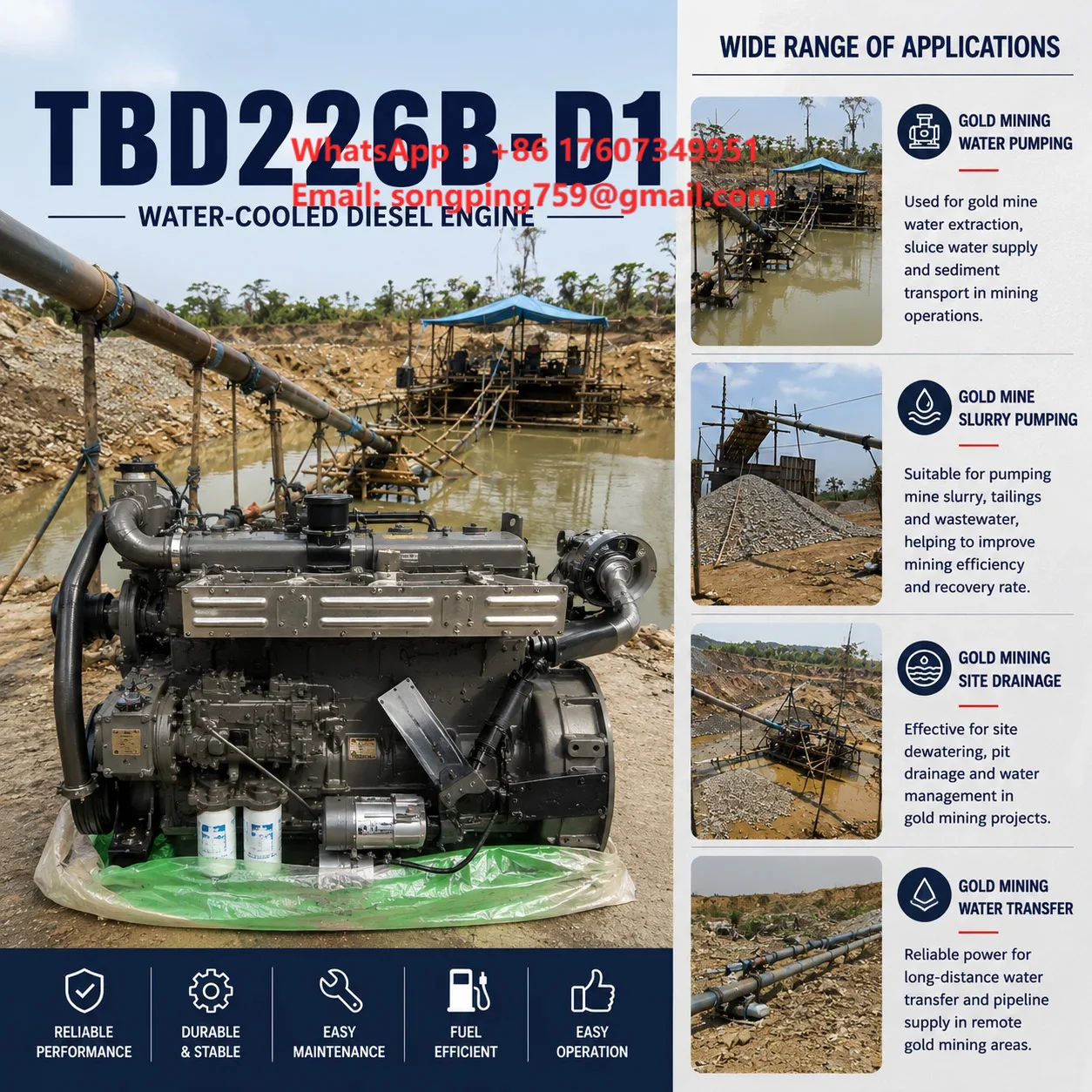 Brand New Weichai Ricardo TBD226 Diesel Water Pump Engine 135kW 1800RPM 4 Stroke Water Cooled for Gold Mining Drainage