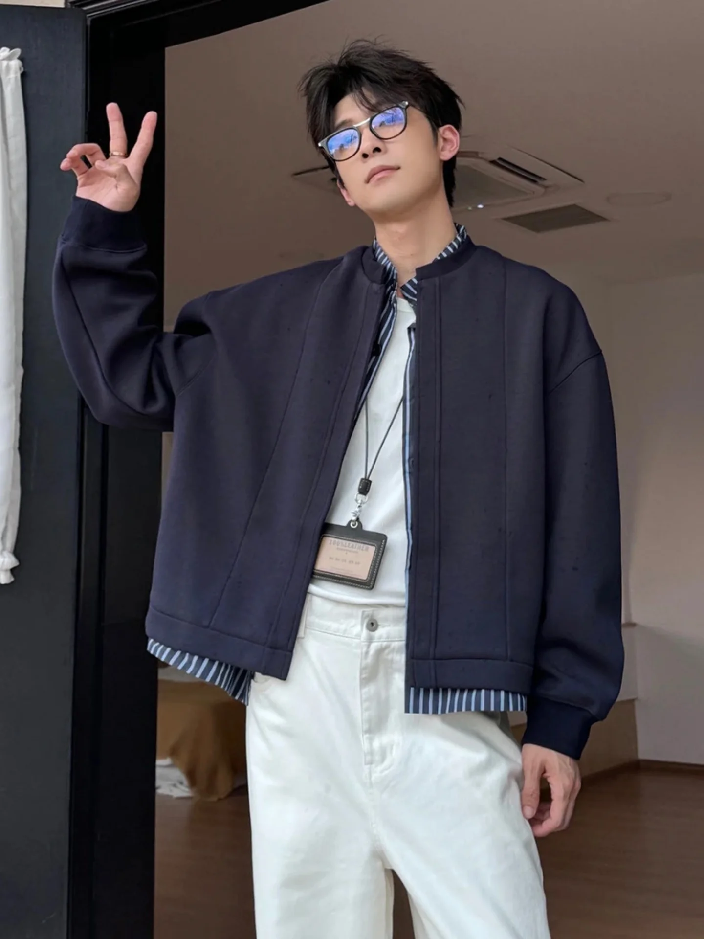 

Casual Versatile Patchwork Sweatirt Cardigan Jaet American Sle Heavy Feel Spring Autumn Men's irt Coat Youth Trend