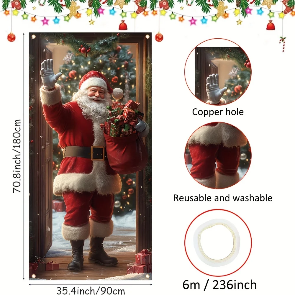 1 durable polyester vintage Santa Claus door cover banner, holiday multipurpose holiday family gathering item