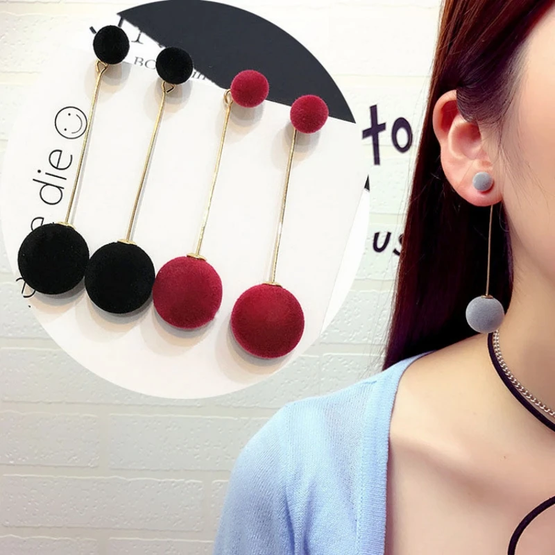 E3884 Fashion Red Black Plush Ball Drop Earrings For Women Korea Velvet Round Long Tassel Dangle Earrings Statement Jewelry Gift