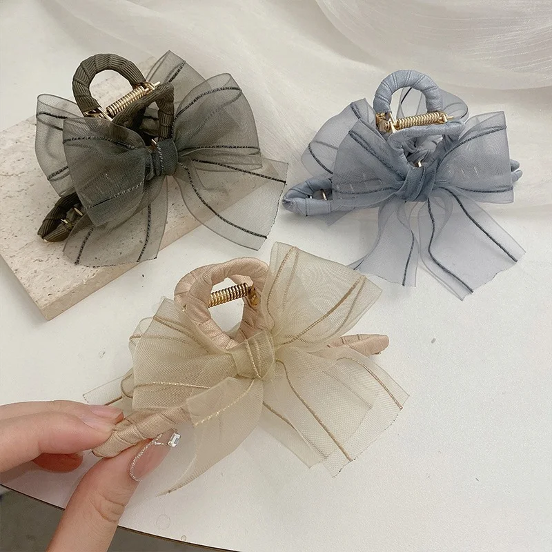 Retro Organza Bow Hair Claw Girls Yarn Ribbon Shark Clip 2022 Korea Elegant Crab Hairpin Hair Accessories Headdress