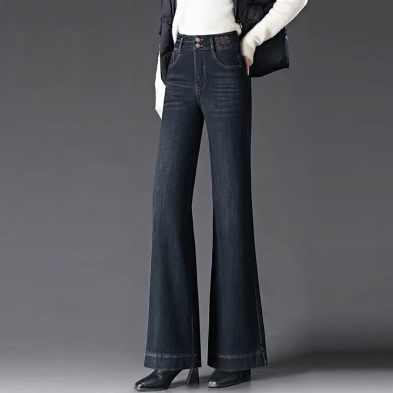 

Новые осенне-зимние бархатные теплые джинсы с высокой талией, женские тонкие свободные длинные прямые обтягивающие однотонные женские брюки нового стиля