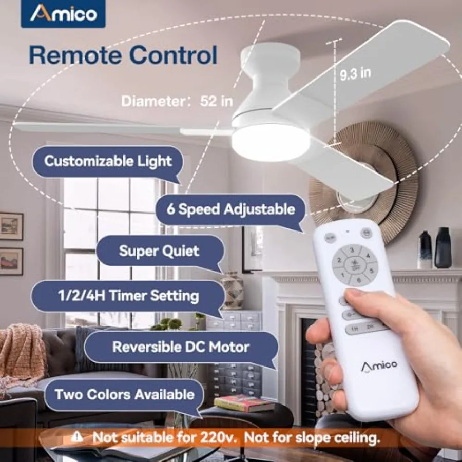 Ceiling Fans with Lights for Bedroom, Indoor/Outdoor Use: 52 inch Low Profile Flush Mount White Fan with Remote, Reversible, 3C