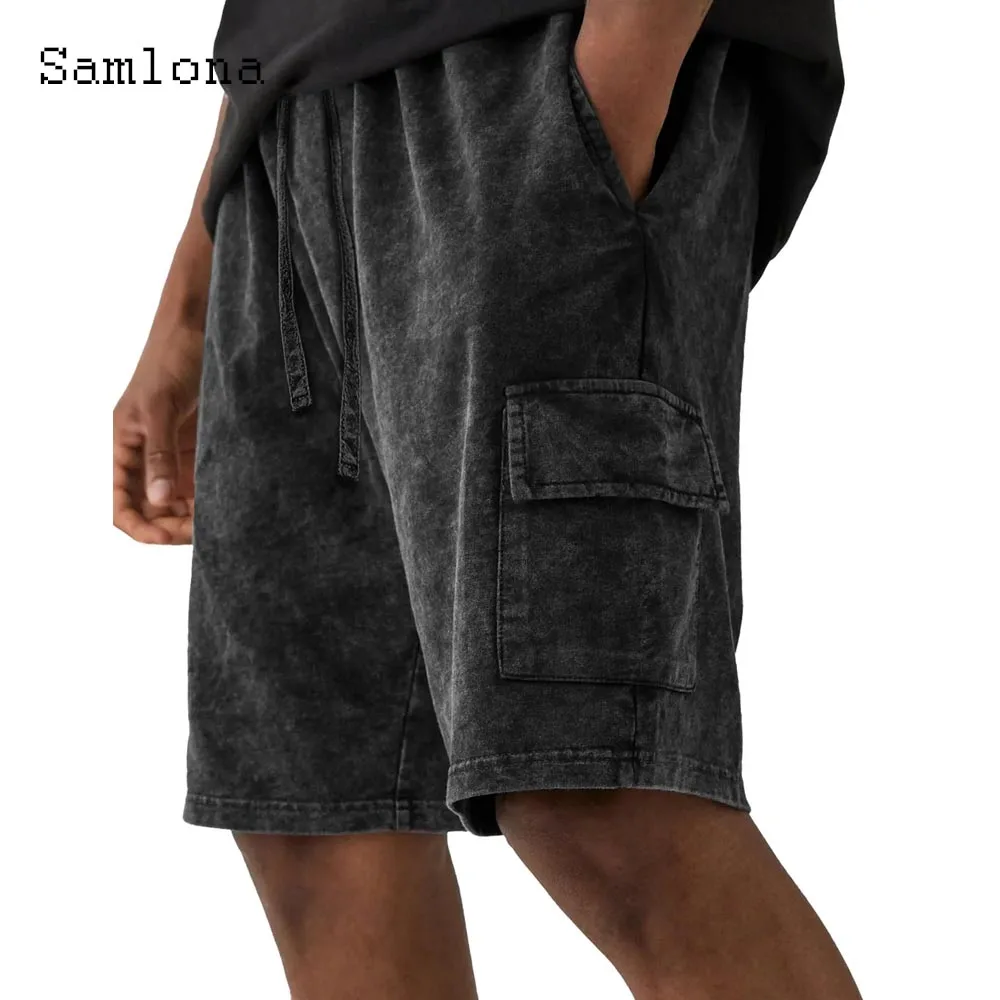 2025 Men's Stand Pocket Casual Beach Shorts Solid Drawstring Shorts Male Knee-Length Pants Sexy Mens Clothing Plus Size S-4XL