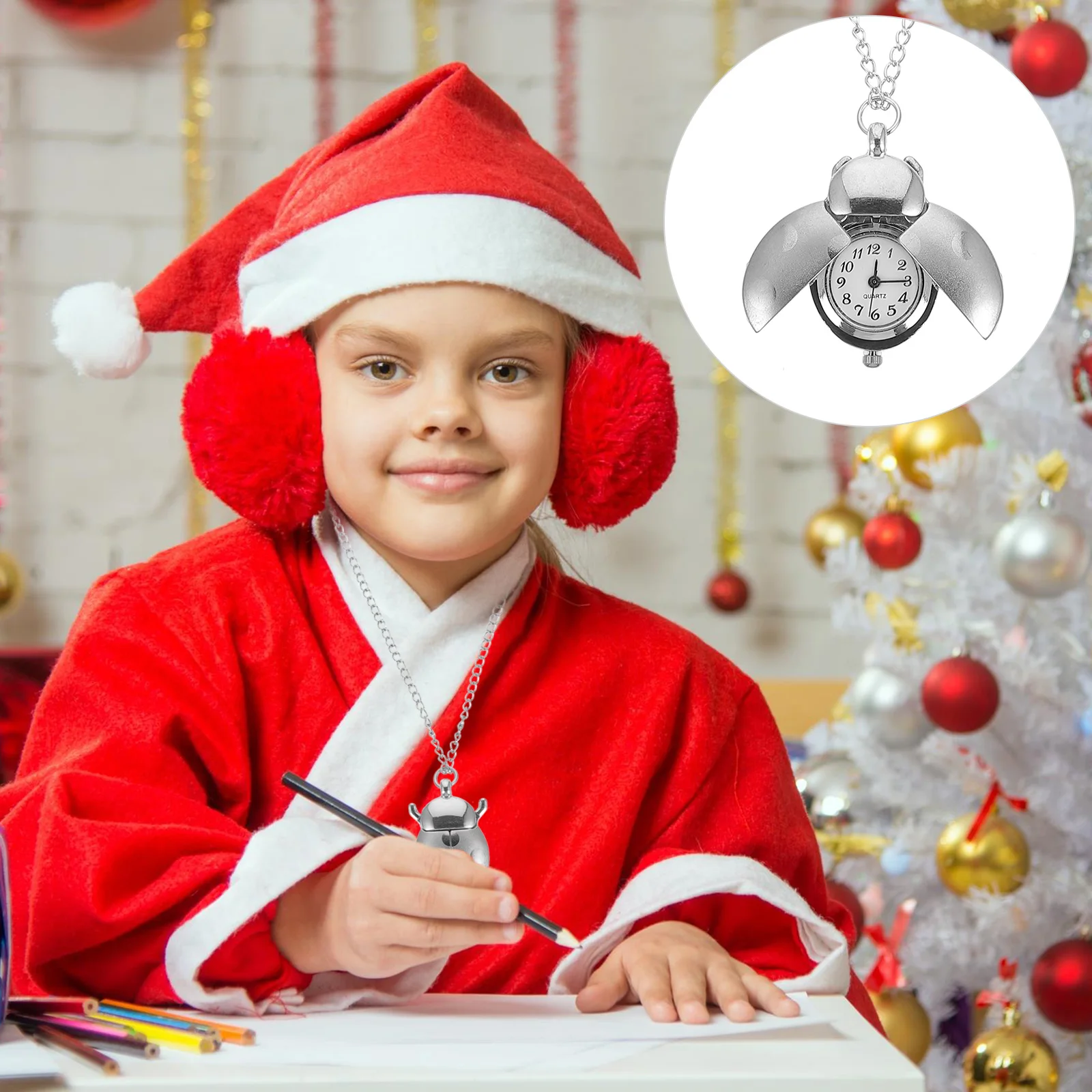 

1pc Retro Pocket Beetle Theme Hanging Quartz Pocket Watch Timepiece Decorative Chain Accessory Gift For Family Friends