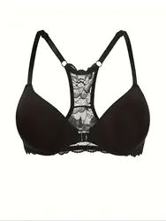 Women's Black Front Button Sexy Lace Bra with Underwire Push-Up Cross Straps Thin Padded Comfortable Bra for All Seasons
