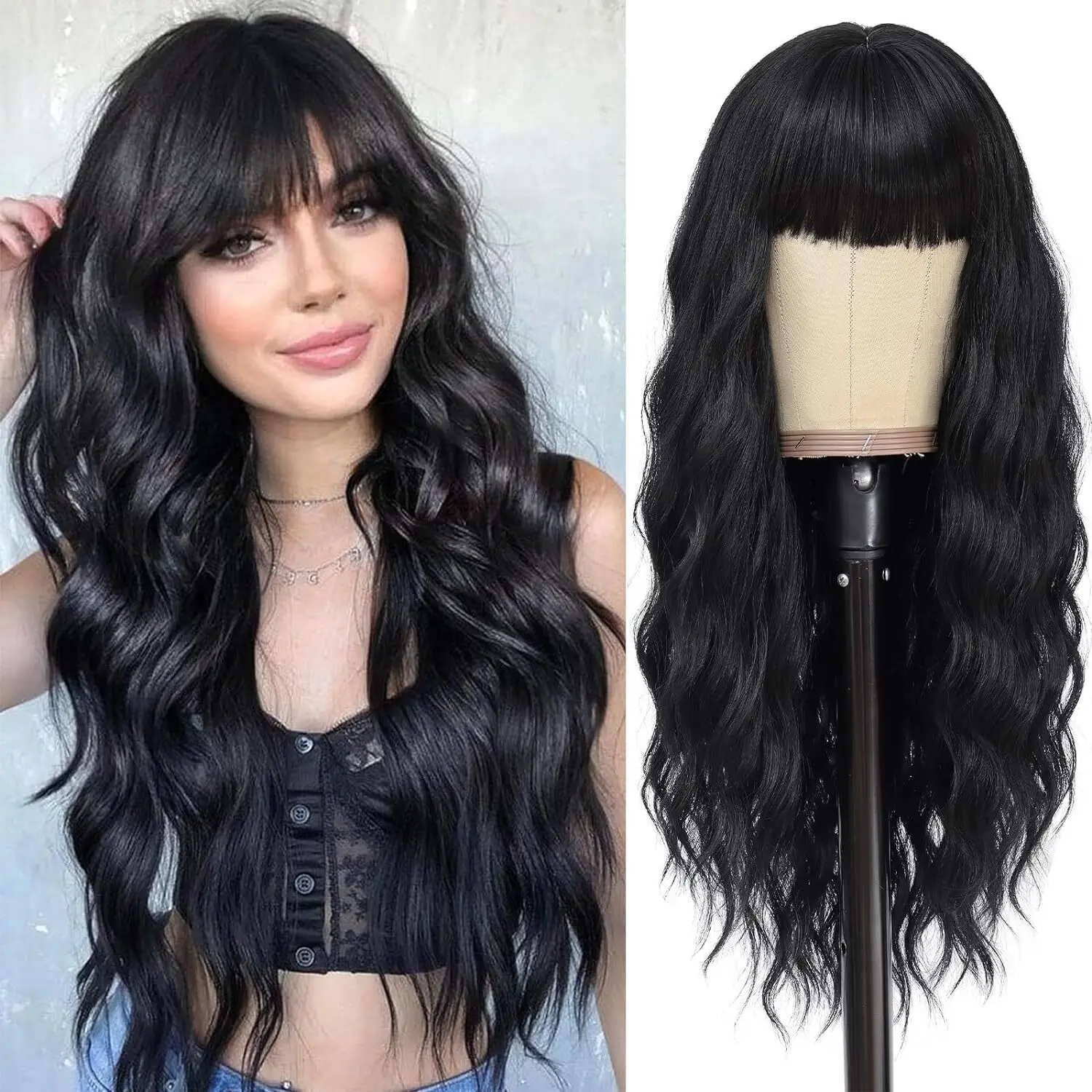 

Black Wavy Wigs for Women with Bangs Long Natural Synthetic Hair Wig Daily Cosplay Heat Resistant