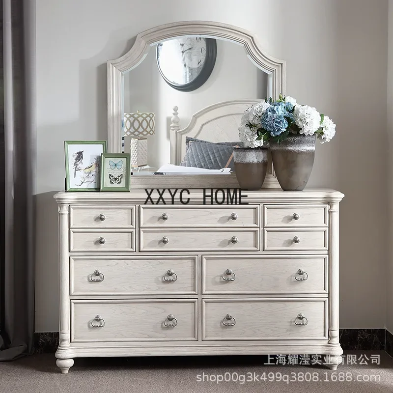 Solid Wood Dressing Table Bedroom Oak Distressed White Locker 7-Drawer Cabinet