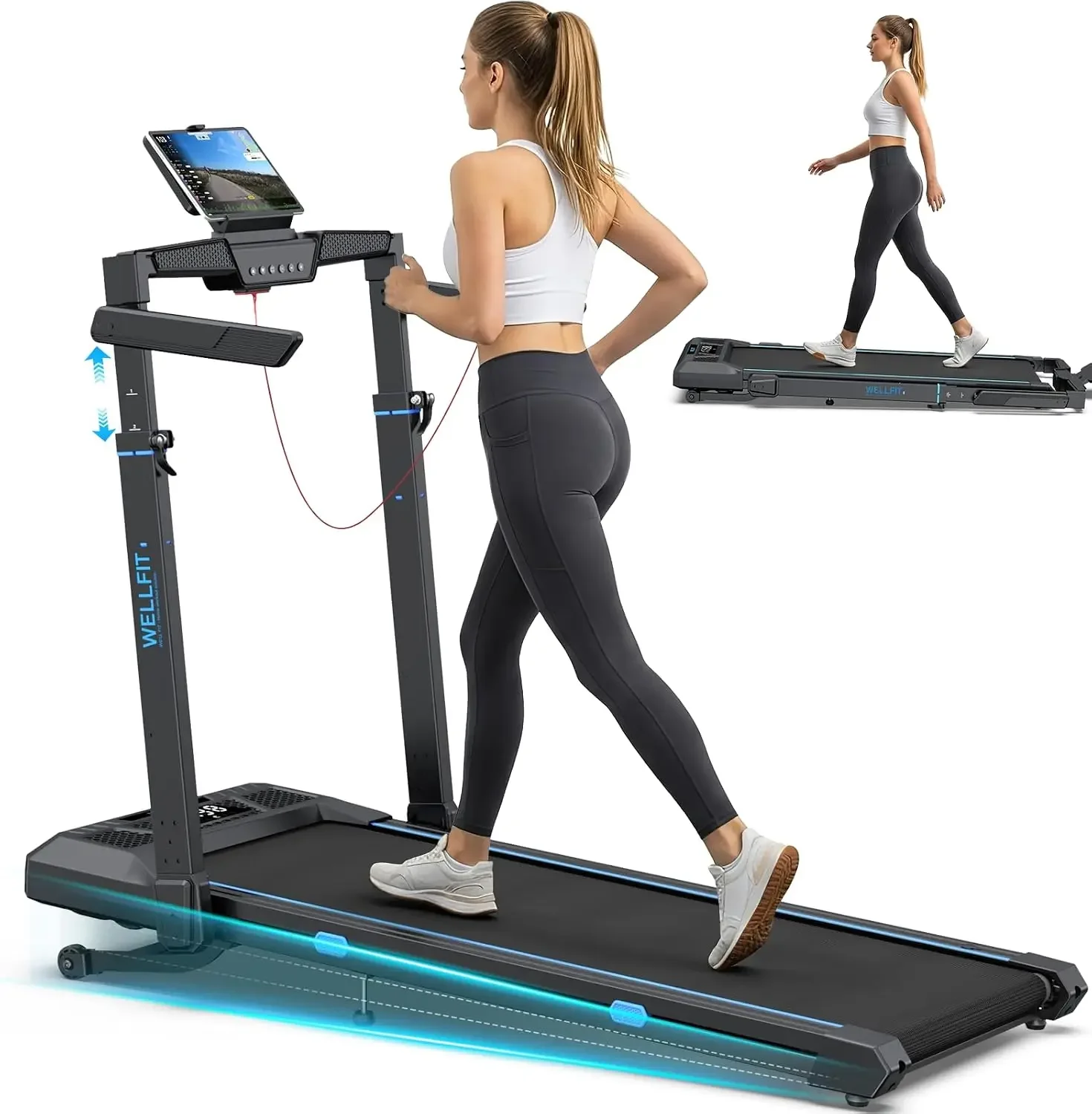 Foldable Treadmill with Auto Incline, 400+ LBS, Adjustable Height | 3.5HP Quiet Walking Pad with Handle Bar, 44