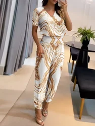 Women Summer Fashion Printed Sportswear Suits V-Neck Short Sleeve Pencil Pants 2PCS Outfit Elastic Waist Loungewear Matching Set