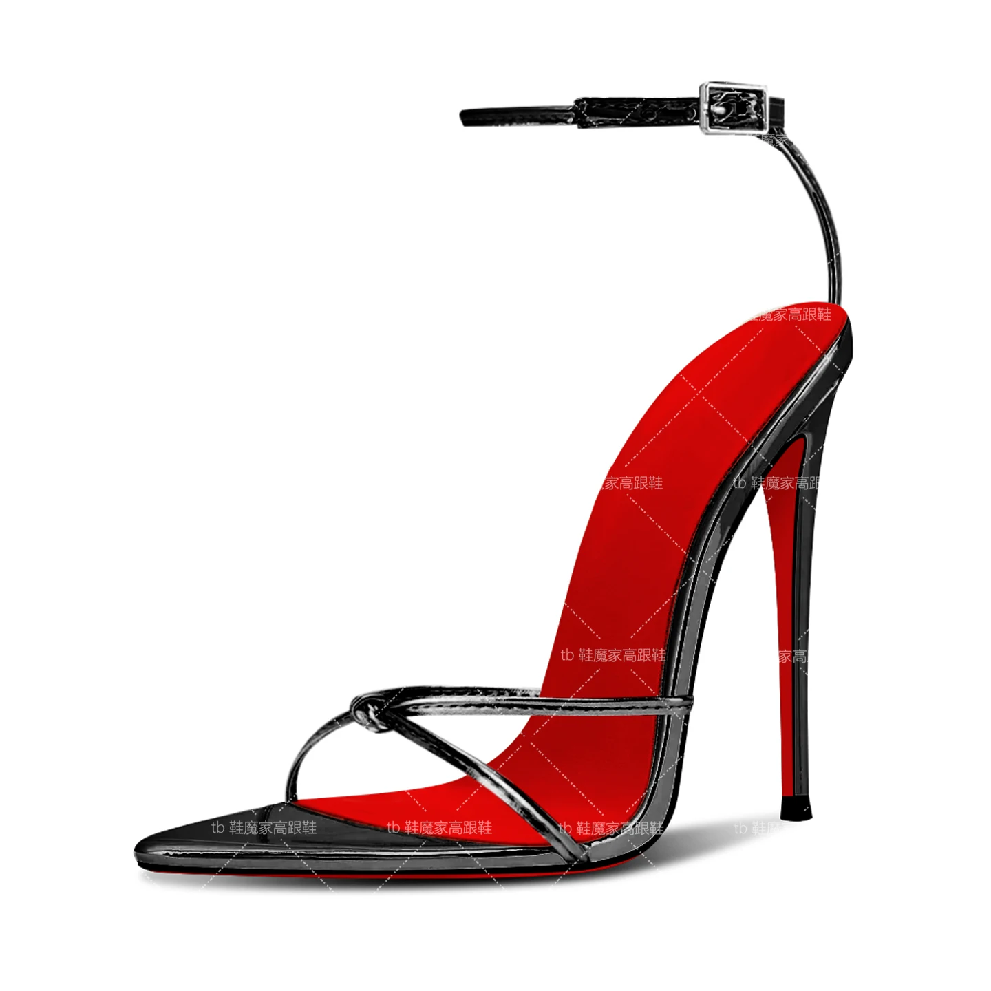 European Station 12cm Pointed Strap High Heels for Women, New Black Sexy One-Piece Fashion Sandals