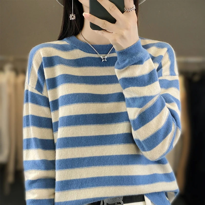 Cashmere sweater women 2024 autumn and winter new cashmere sweater women O-Neck pullover fashion Striped long sleeve pullover