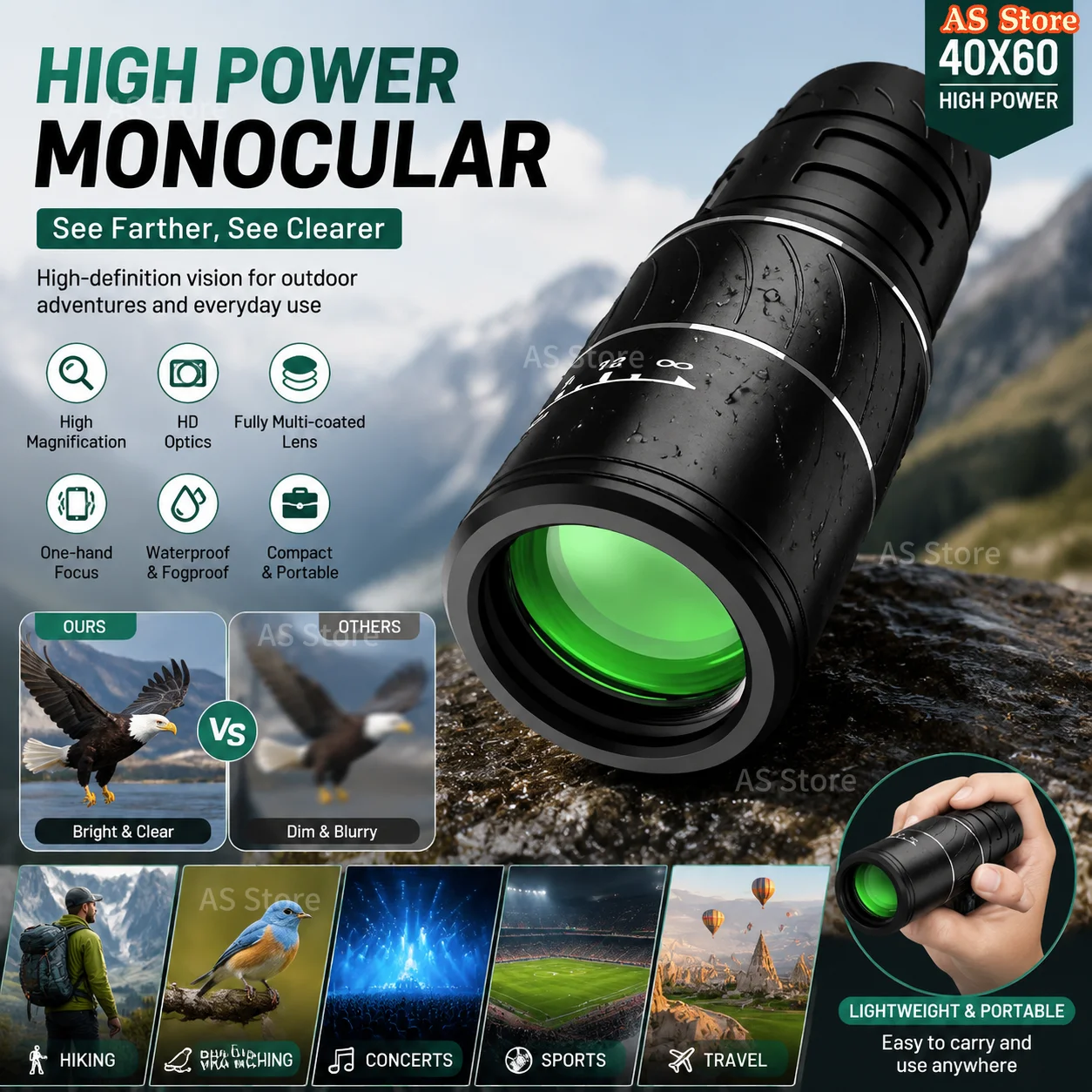 Télescope monoculaire 16x52 haute puissance à double mise au point, zoom optique, haute magnification, longue portée, télescope de surveillance