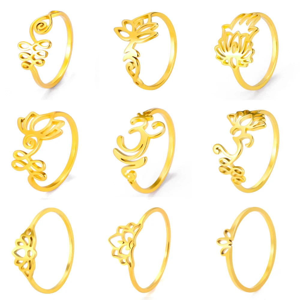 EUEAVAN 1pc  Lotus Flower Yoga Om Unalome Ring Stainless Steel Gold Color Finger Rings Buddhism Mandala Amulet Jewelry for Women