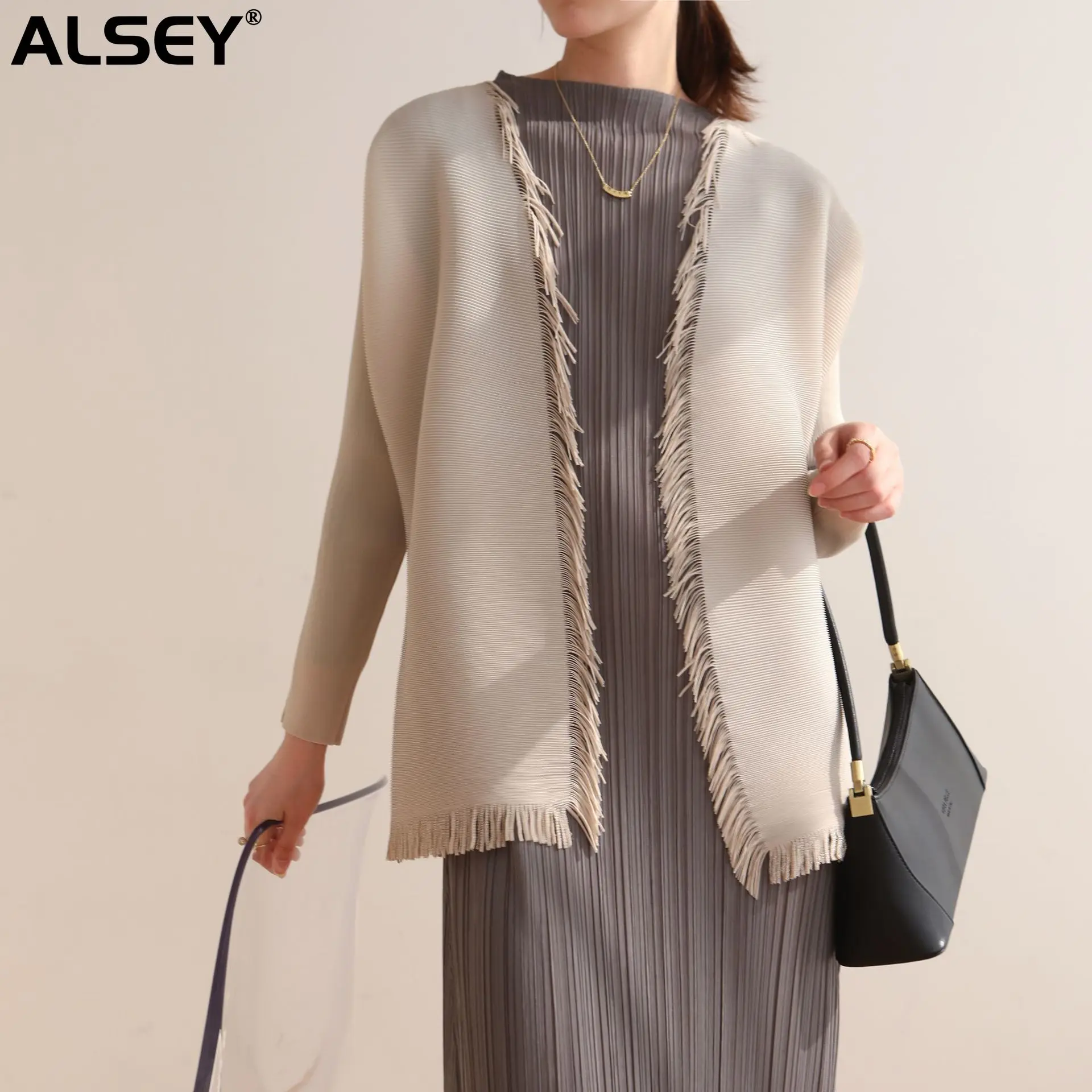 

ALSEY Miyake Pleated Fashion Fringe Shawl Jacket for Women Simple Long Sleeve Korean Streetwear Casual Plus Size Jacket