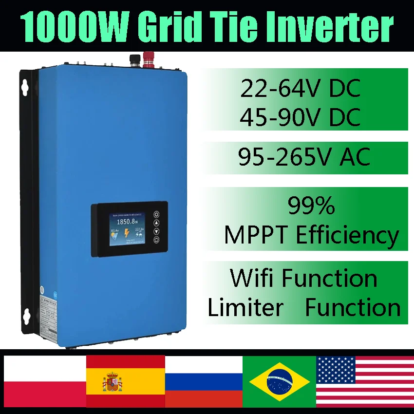 1000W Solar Grid Tie Inverter DC22V-65V / 45V-90V MPPT Charge From Solar Panel Or Battery On Grid Connect With WIFI Limiter