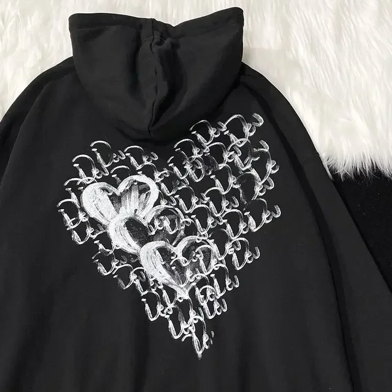 Letter Heart Print Sweatshirt High Street Hip Hop Tops Loose Women Sudadera Mujer Y2k Hooded Long Sleeve Grunge Aesthetic