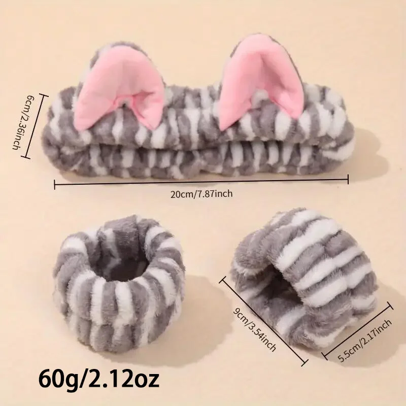 3pcs/set Cute Cat Ear Leopard Print Plush Headband For Women Girls Spa Washing Face and Makeup Headband Elastic Wrist Strap image 3