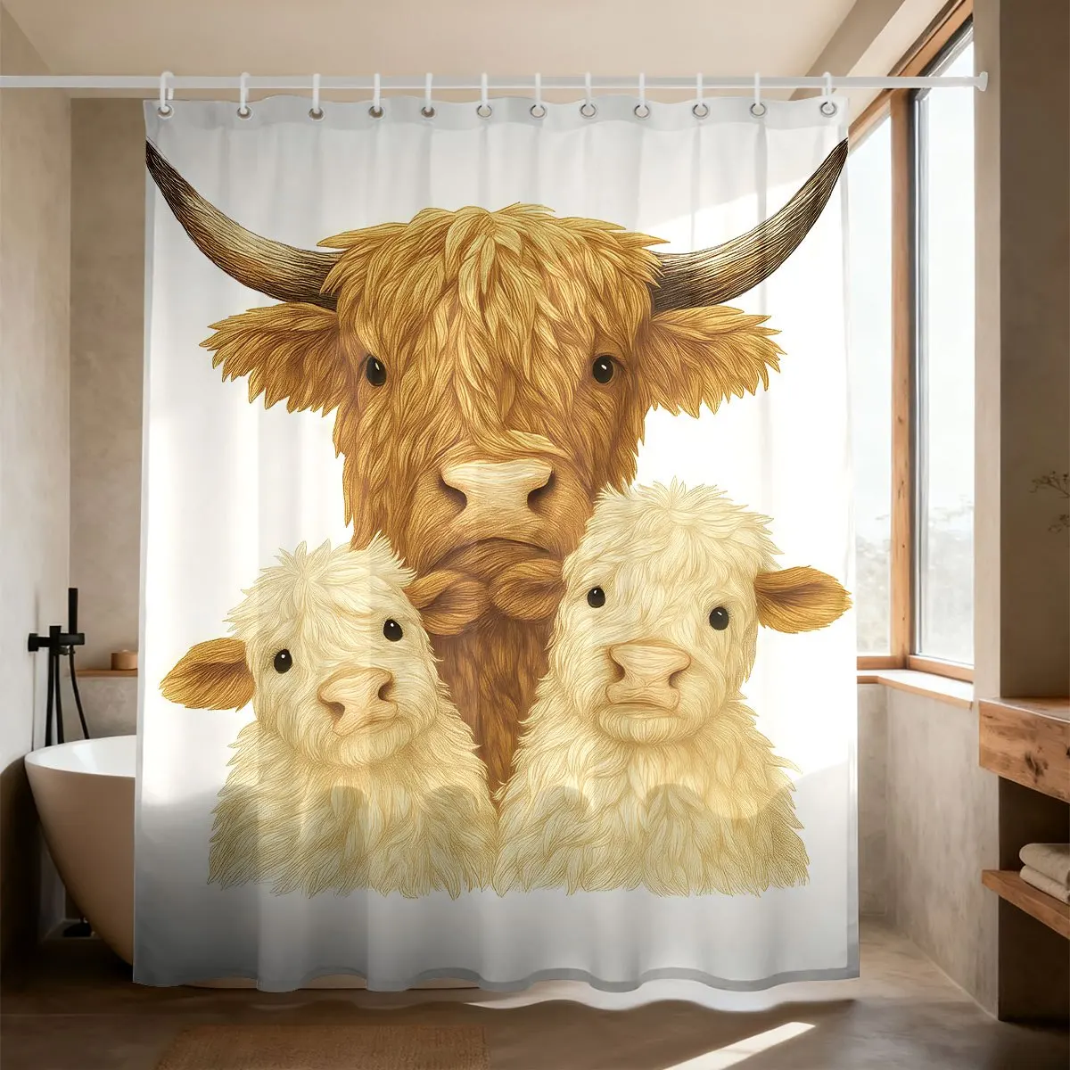 Farm Animal Family‑themed Shower Curtain Polyester Digital Printed Adorable Highland Cattle Mother And Two Baby Calves