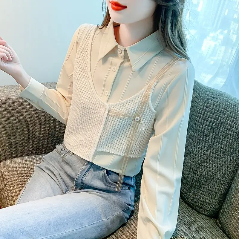 

Patchwork Youth Office Fake Two Blouse Spring Autumn New Long Sleeve Polo Neck Loose Korean Shirts Fashion Trend Women Clothing