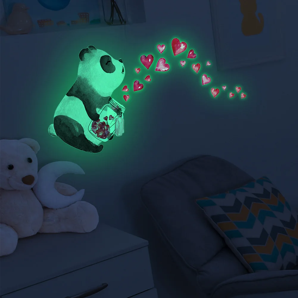 Cartoon Panda Baby Heart Wall Sticker Bedroom For Home Decoration Kids Room Wallpaper Glow In The Dark Self-adhesive Stickers