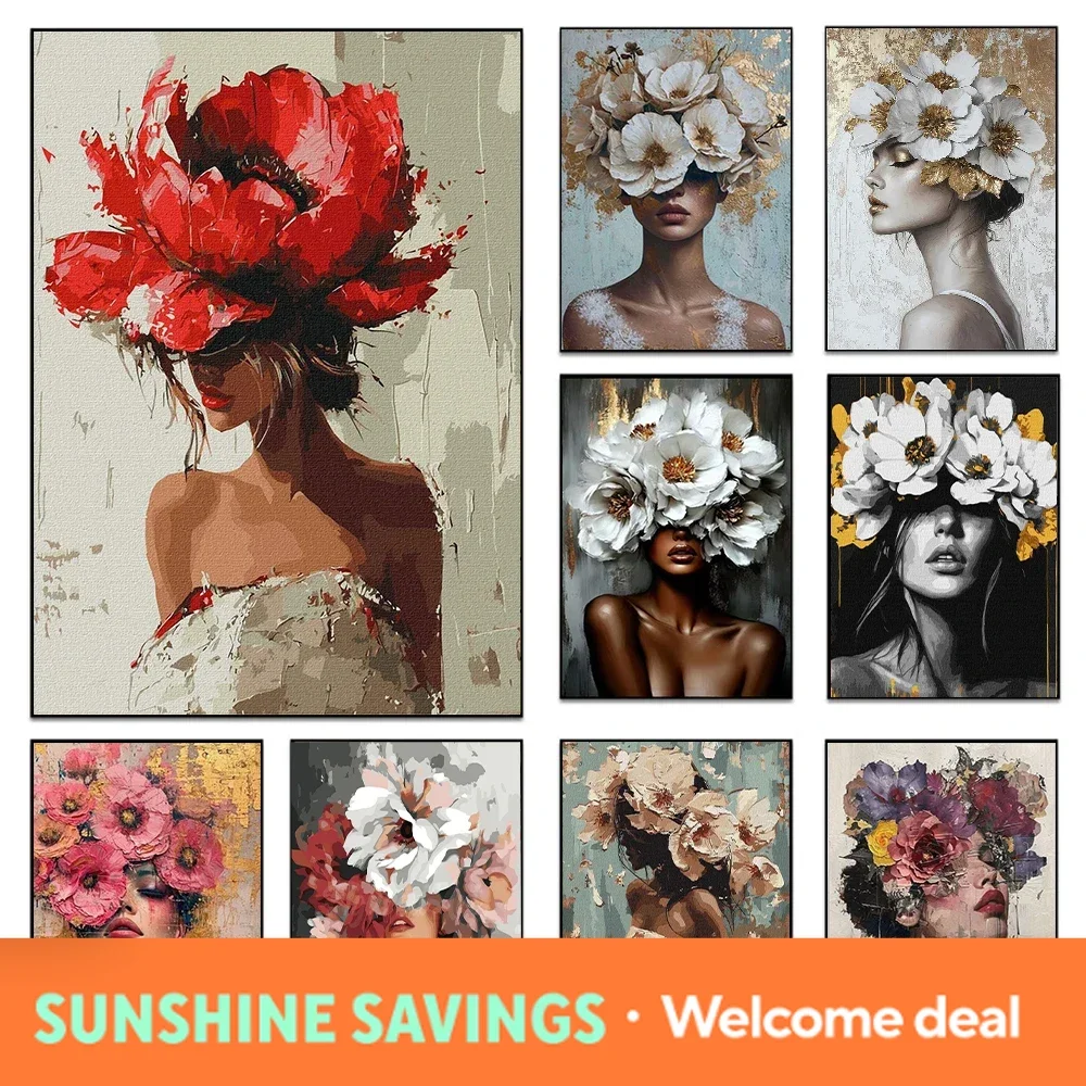 Fashion Floral Woman Portrait Poster Print For Living Room Home Decor Modern Flowers Girl Canvas Painting Abstract Wall Art