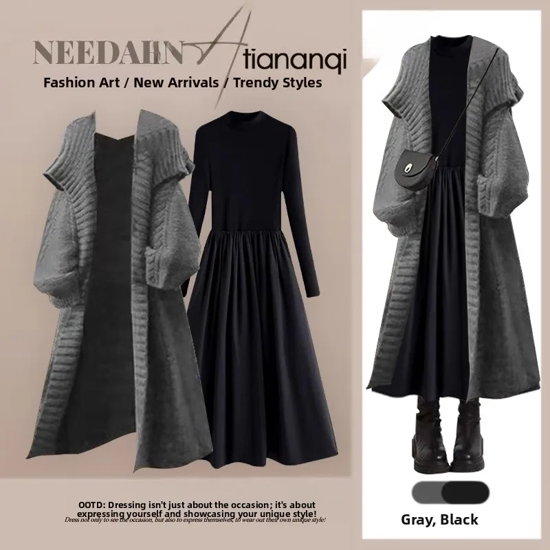 

Autumn Winter Women's Knitted Sweater Cardigan Long Sleeve Slimming Waist Dress Set Korean Style Casual Loose Fit Fashion Set