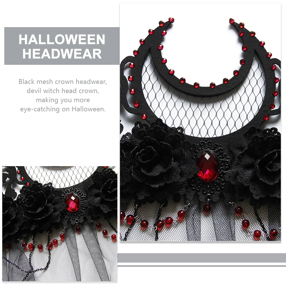 

Black Mesh Crown Headwear Halloween Headdress Demon Witch Veil Party Accessory Cosplay Hair Rhinestones Elastic Fit