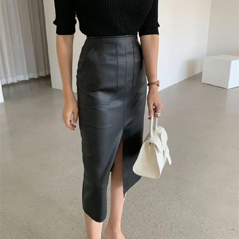 

Women Solid High Waist PU Leather Vintage Straight Split Skirt Spring Autumn New Street Pockets Basic Club Party Midi Skirts