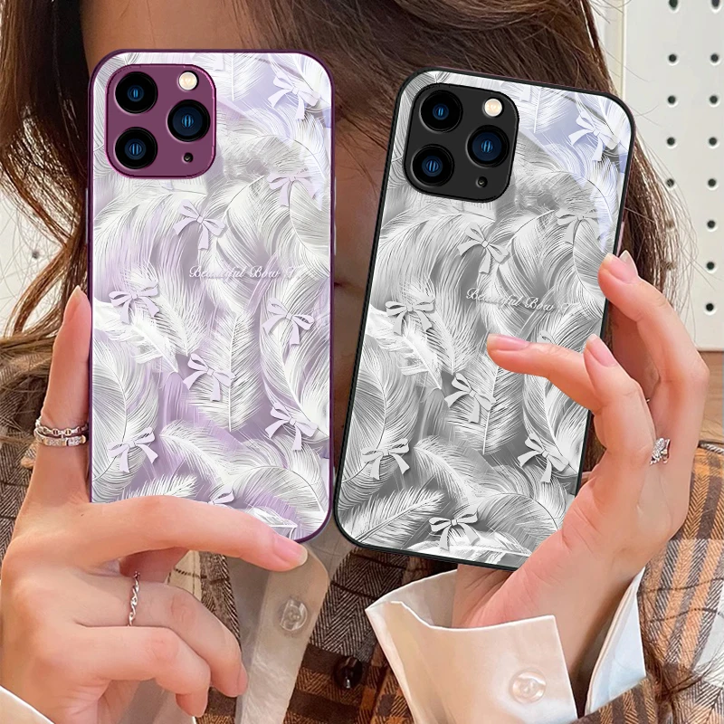 

Multiple White Bows For IPhone 16 Pro Max 15 Pro 14 13 12 Mini 11 XS Max XR 7 8 Plu SE 2022 Tempered Glass Phone Case