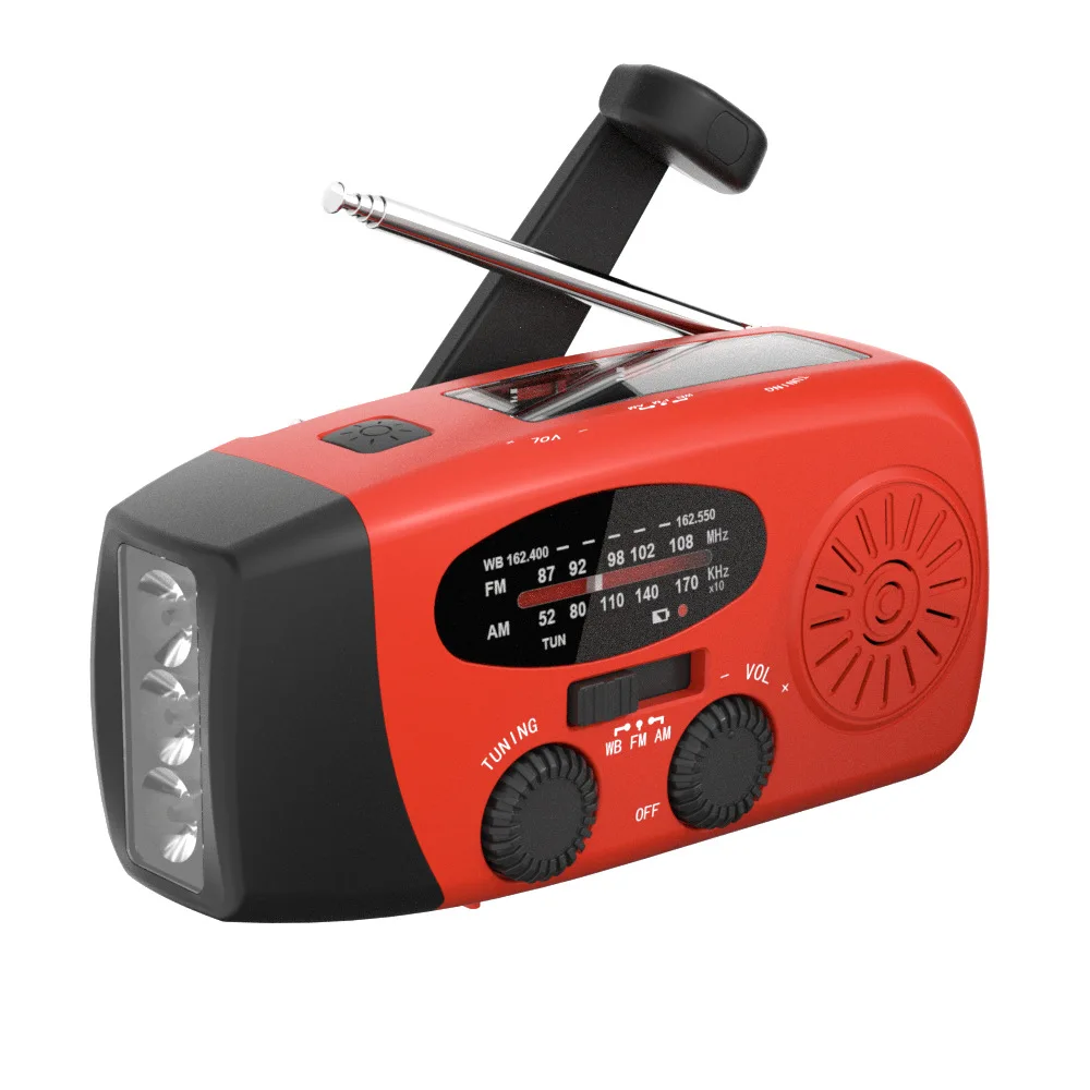 Nowe wielofunkcyjne radio solarne, przenośne radio z korbką do ładowania, radio awaryjne z ładowarką do telefonu i latarką do biwakowania na zewnątrz.