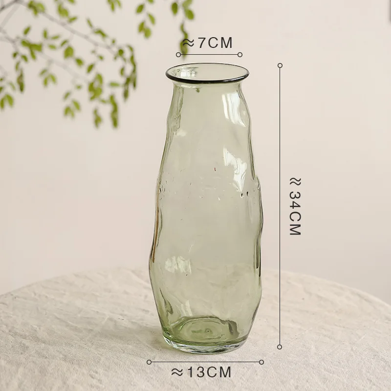 

Green irregular hammer glass vase design sense literary retro dining table water raising transparent