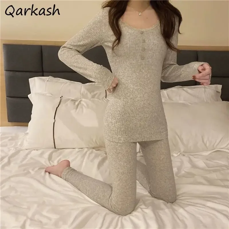 

Pajama Sets Women Solid Simple Slim Autumn Cozy Elasticity Basic Classic Feminino Sleepwear Leisure Lounge O-neck Popular 2pcs