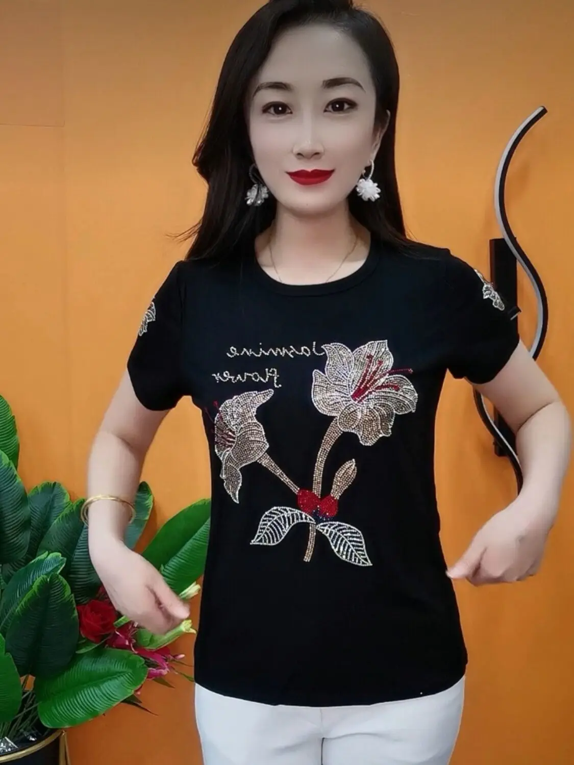 Summer Pink Short Sleeve New T Shirt Women High Elasticity Beautiful Maple Leaves Lily Fashion Hot Drilling Y2k Tops Mother Tees