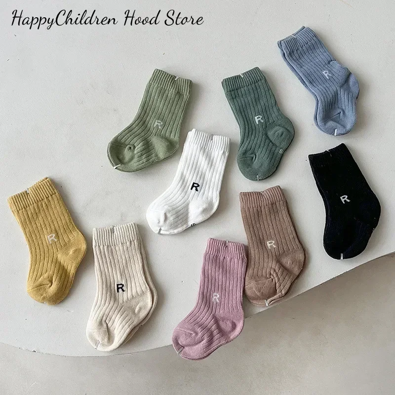 1 Pair Baby Sock Korean Simplicity Solid Color Letter R Short Sock for Toddler Boy Girl Spring Autumn Cotton Sock for Kids