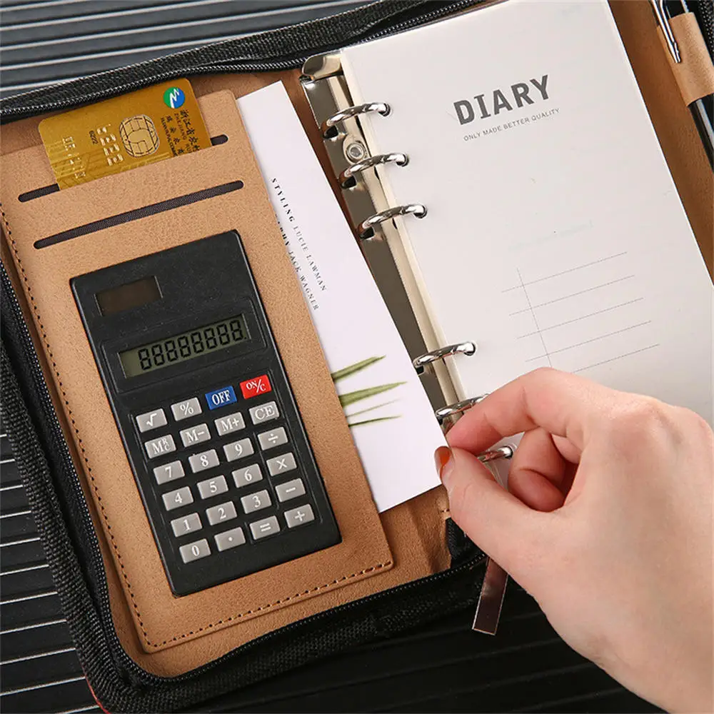 A6 PU Leather Business Notebook With Zipper Loose Leaf Folder Diary Binder Notebook With Calculator Journal Book Notepad