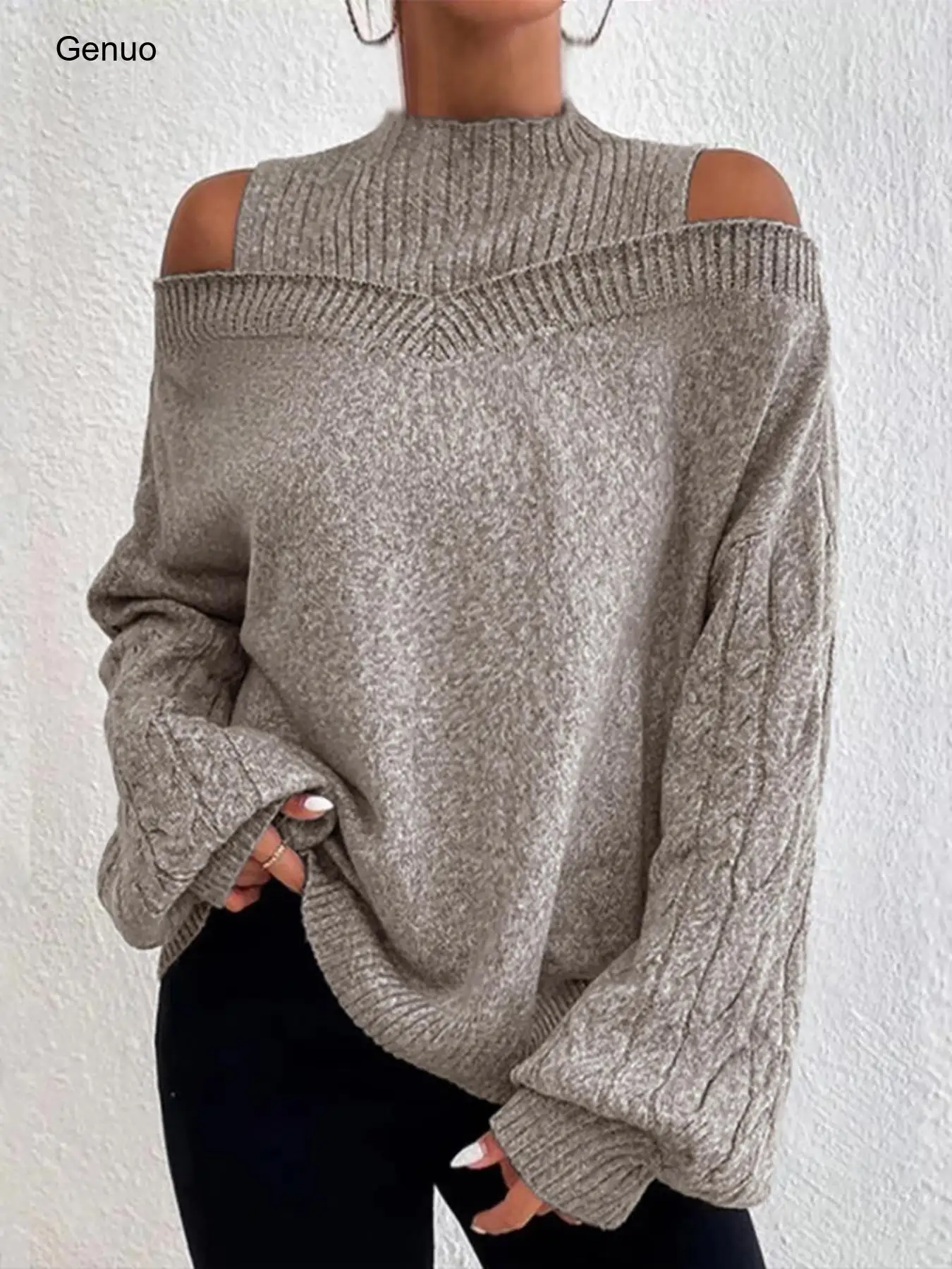 2026 Women Half High Neck Off Shoulder Loose Knit Sweater Casual Cutout Long Sleeve Pullover Autumn Winter Tops