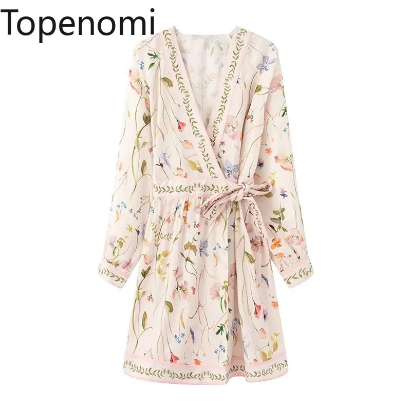 

Topenomi French Elegant Floral Print Long Sleeve Dress Women 2025 Summer Lazy V Neck Lace Up Waist A-line Beach Midi Dresses