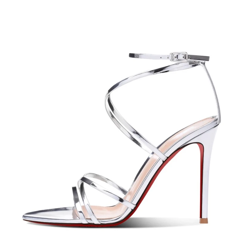 2025 nuevas sandalias con hebilla cruzada expuesta y punta puntiaguda con tacones finos, tacones altos impresionantes y sexys para mujer, zapatos de moda de talla grande