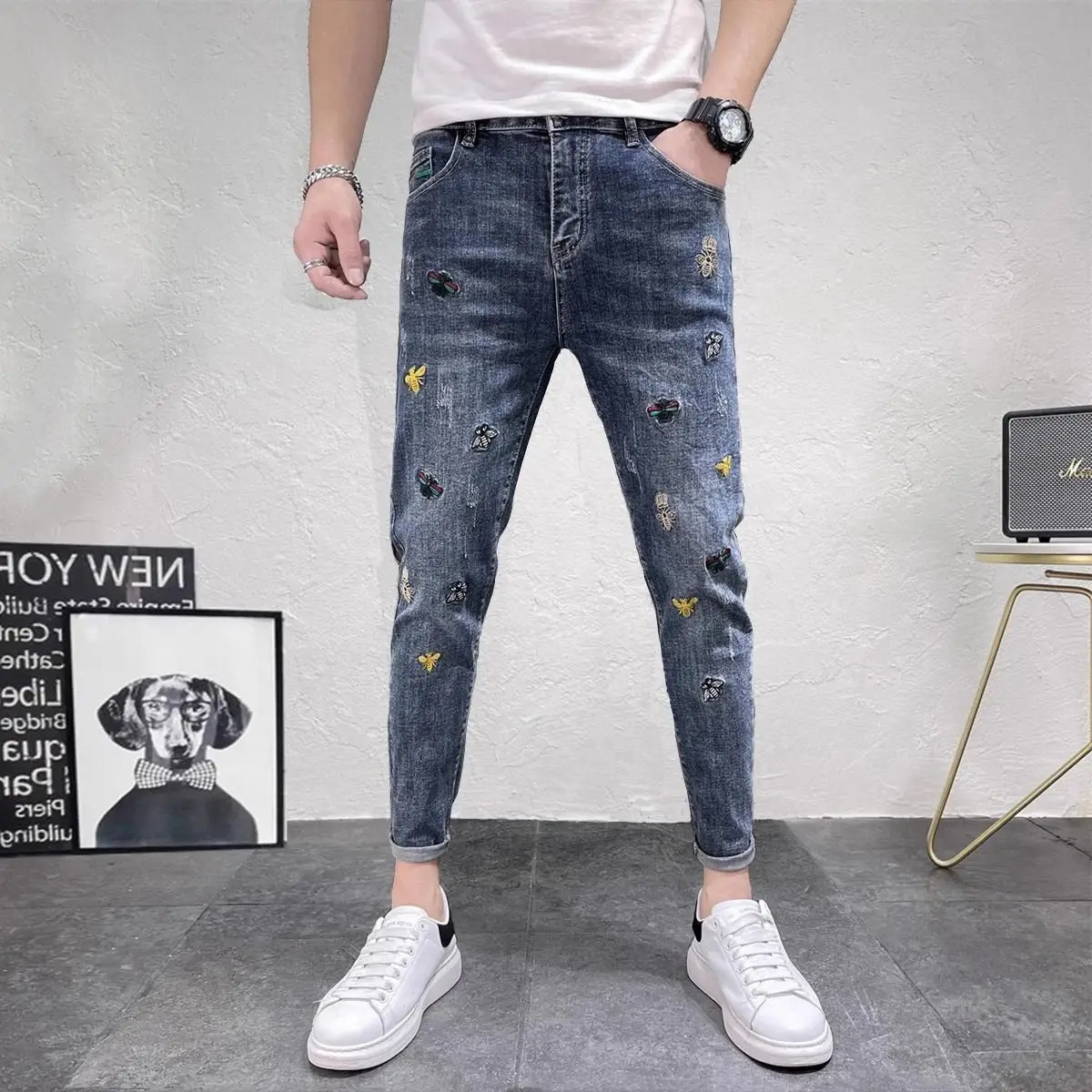 

Джинсы с маленькими ногами, мужские весенне-осенние модные брендовые эластичные узкие брюки с вышивкой, красивые брюки высокого класса
