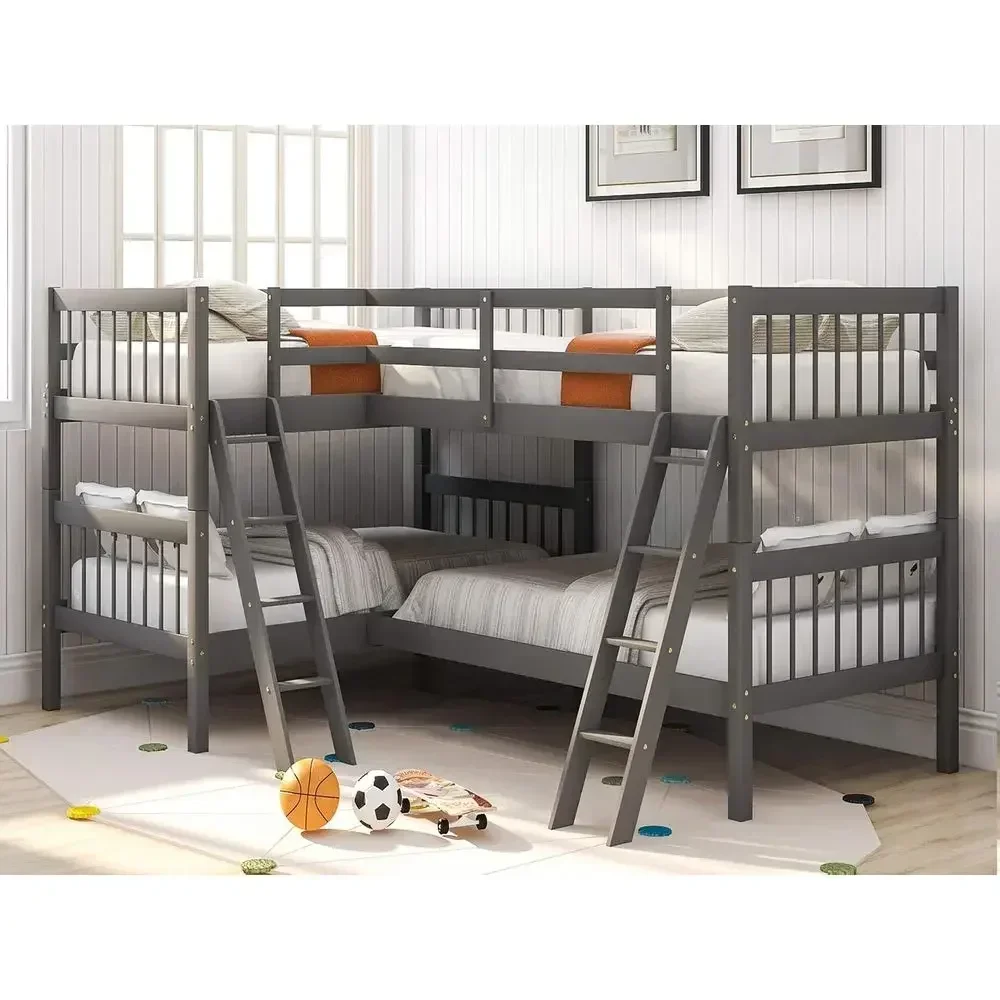 Gray Twin Over Twin L-Shape Quad Bunk Bed with Ladders, Guardrails, and Storage Space
