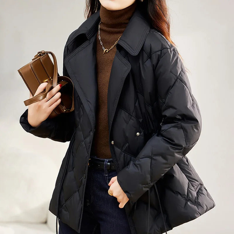 Women's Light Down Quilted Jacket with Collar, Slim Short Clothes, Warm Top, New Fashion, Autumn and Winter