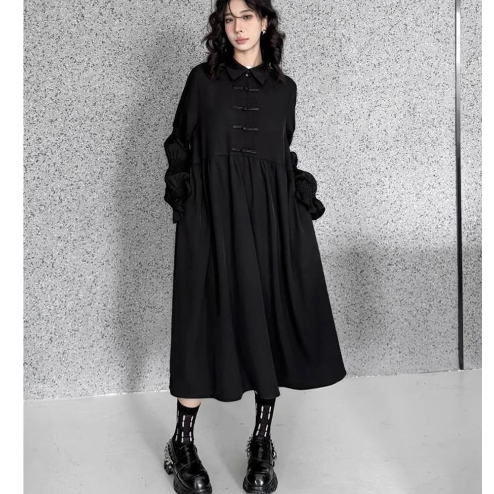 Plus Size 5XL 150kg Autumn Spring Black Dress for Women Long Sleeve Solid Dresses Casual Loose Waist Dresses