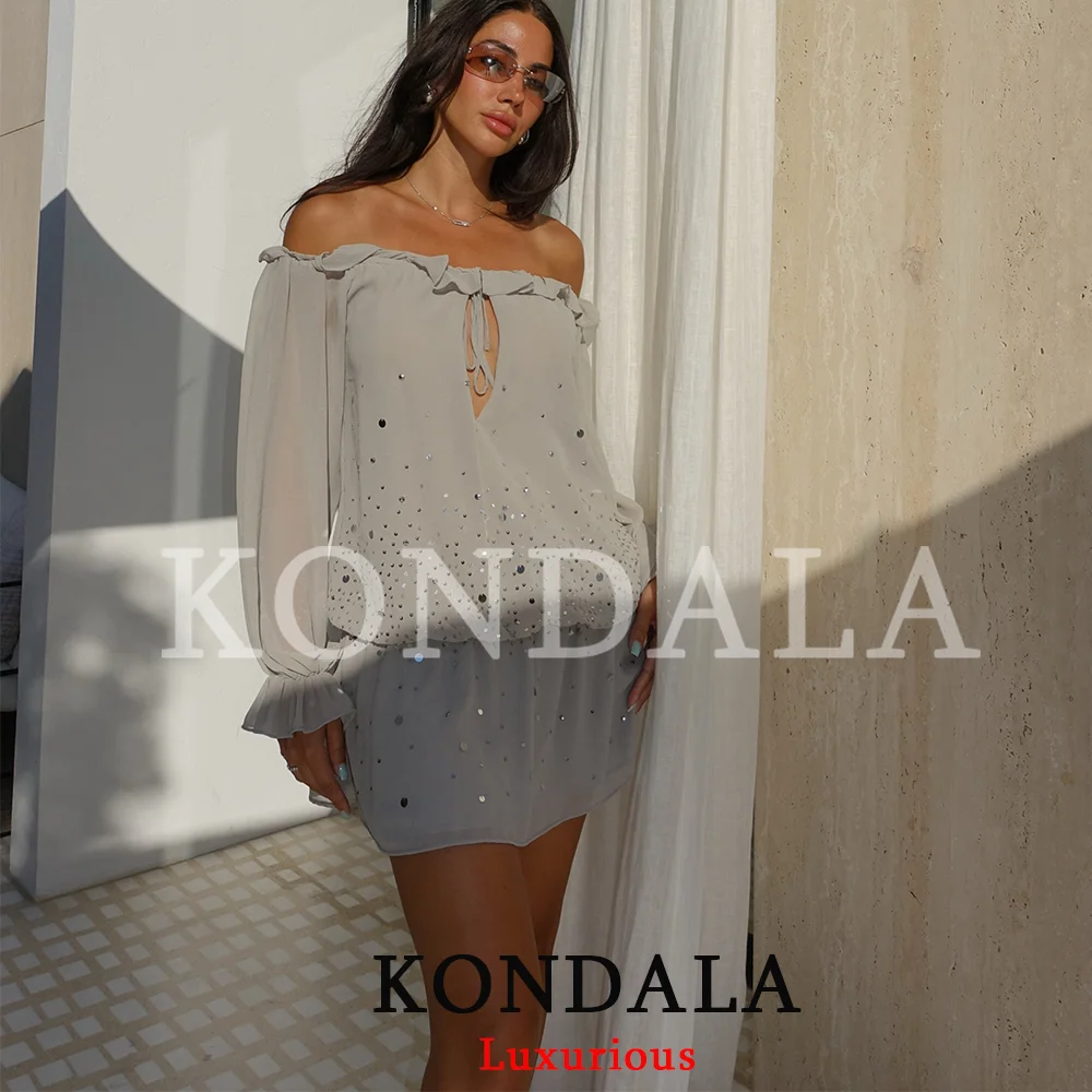 KONDALA Sexy Schickes Pailletten-Partykleid für Damen Langarm Schulterfrei Mini-Chiffonkleid Mode 2026 Sommer Herbst Urlaubskleid – Detail 3
