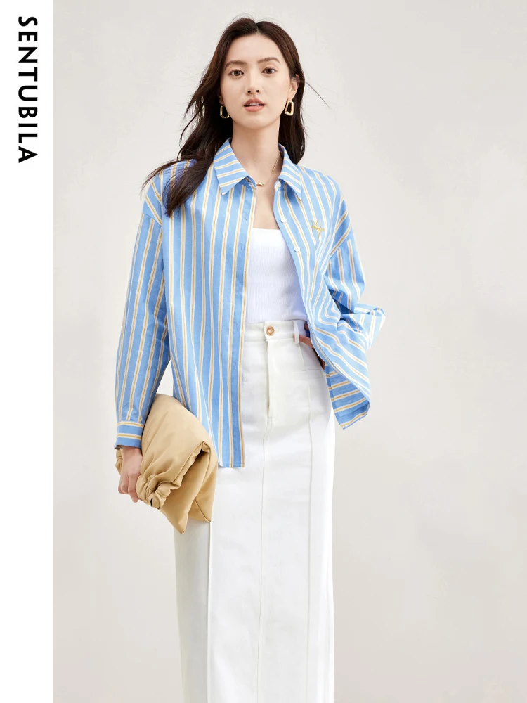 SENTUBILA Contrast Striped Casual Shirts for Women 2024 Autumn Cotton Embroidered Pattern Womens Long Sleeve Tops and Blouses