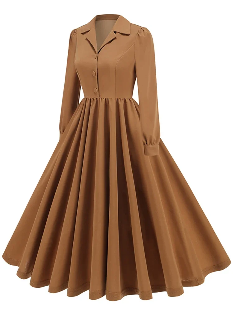 Long Sleeve Autumn Office OL Runway Vintage Swing Dresses 2025 Solid Work To Wear Turn Down Collar Black Brown Flare Tea Dresses