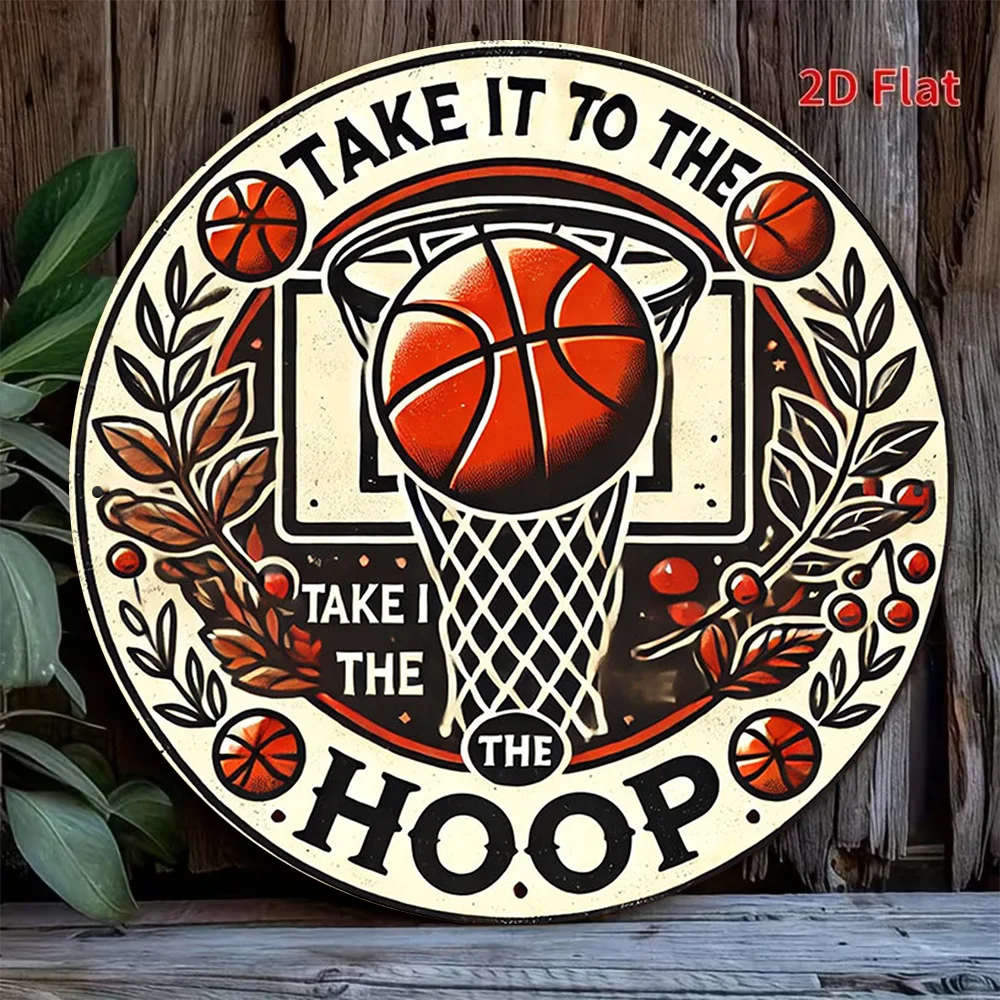 Panneau plat 2D rond avec une décoration vintage sur le thème du basketball, accompagné d'une citation inspirante sur le dribble