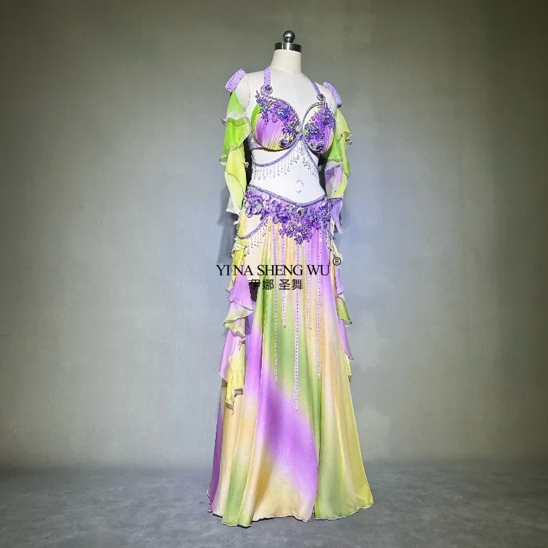 

Women's Belly Dance Costume 2pcs Customized Diamond Tassel Bra Satin Split Long Skirt Oriental Dance Stage Performance Outfit
