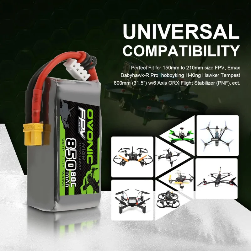 Ovonic 80C 4S 850mAh Lipo Battery 14.8V with XT30 Plug for Cinewhoops 2 Pack Rechargeable Lipo Batteries for RC FPV Racing Drone Quadcopter