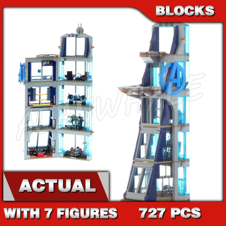 

727 шт., супер-истребитель, 5-этажная башня Мстителей, боевая бронированная комната, техническая лаборатория, гараж 70106, строительные блоки, игрушка, совместимая с моделью